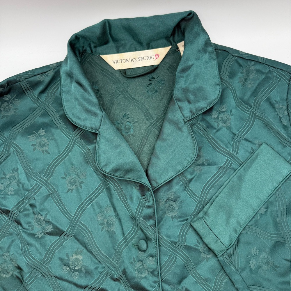 Vtg Victoria's Secret Size S Satin Floral Button Down Pajama Top Shirt Green